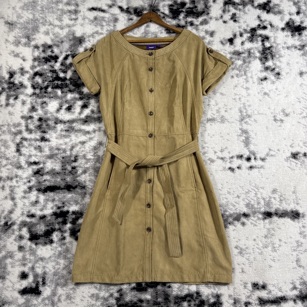 Mexx Dress Womens Size 8 (12 UK) Tan Belted Button Down‎ Round Neck Short Sleeve